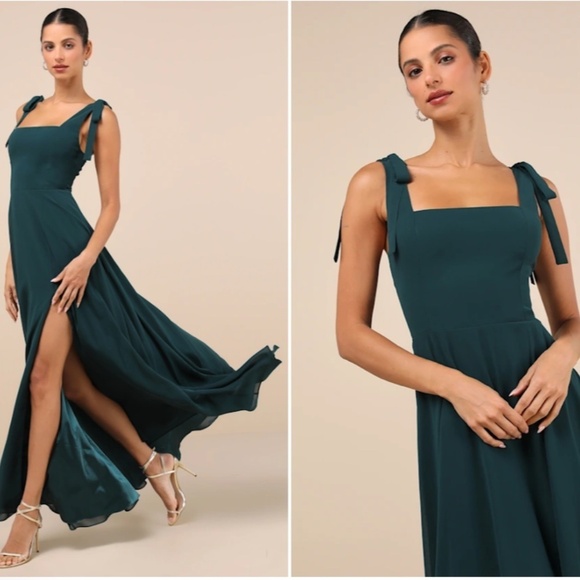 LULU's Prom Wedding Bridesmaid Flowy Romantic Sexy Chic Emerald Maxi Dress - Picture 4 of 5
